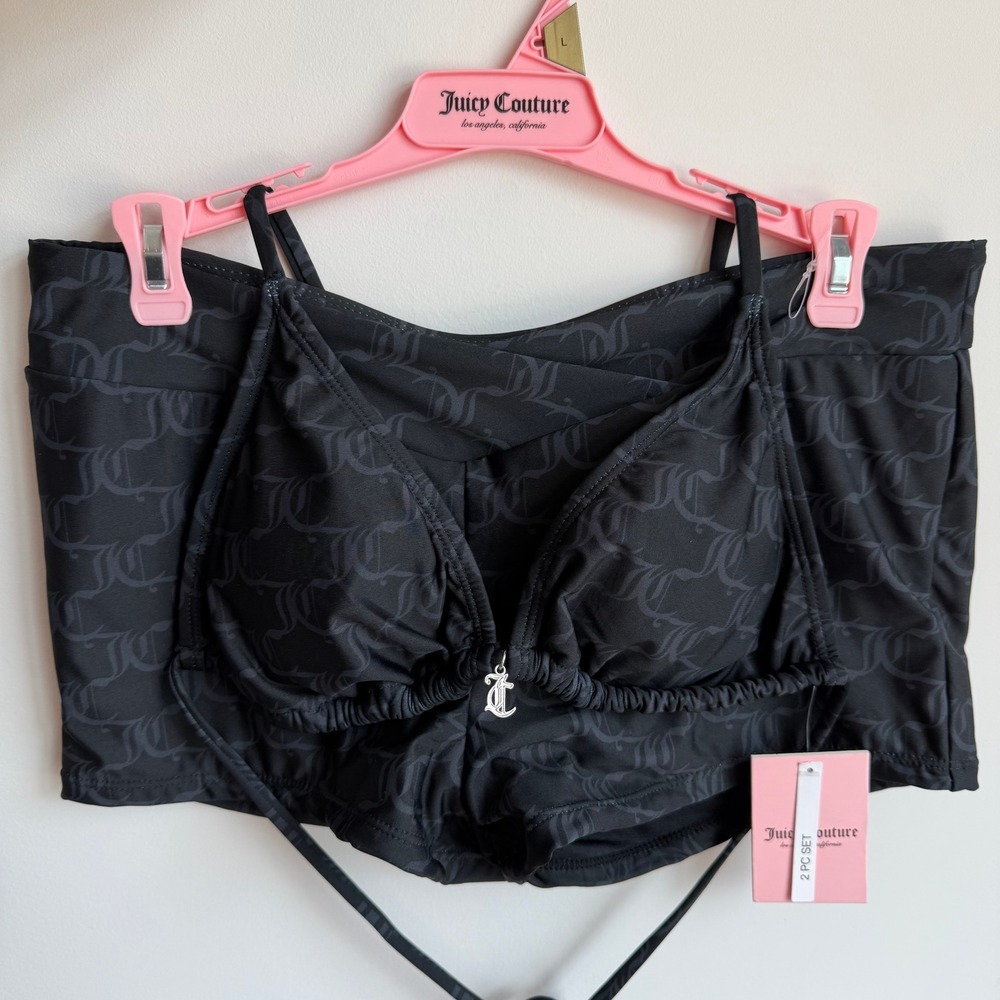 New Juicy Couture Large 2 pc Bikini Bathing Swim Suit Black Grey Shorts Sporty
